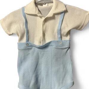 18 m baby boy vintage 1970s waffle knit faux overalls romper one piece.